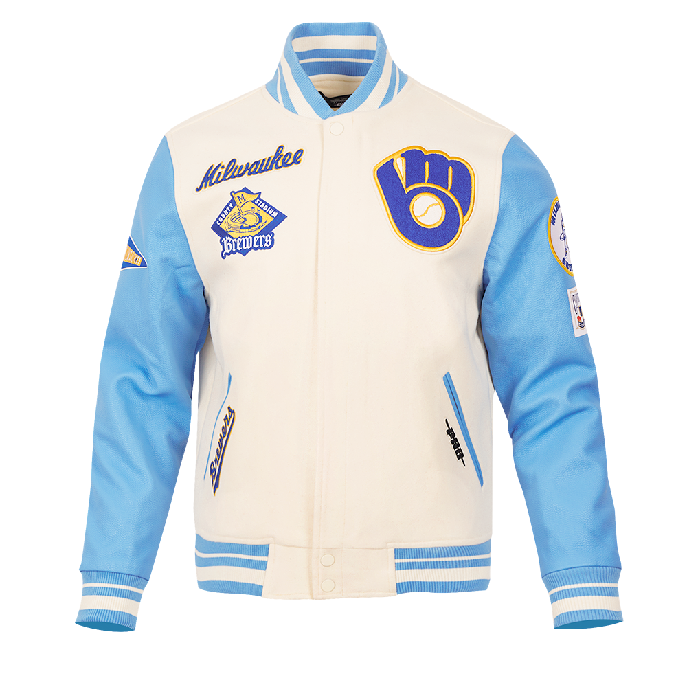 MLB MILWAUKEE BREWERS RETRO CLASSIC MEN'S RIB WOOL VARSITY JACKET (EGGSHELL/UNIVERSAL BLUE)