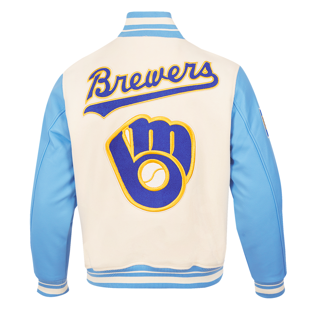 MLB MILWAUKEE BREWERS RETRO CLASSIC MEN'S RIB WOOL VARSITY JACKET (EGGSHELL/UNIVERSAL BLUE)