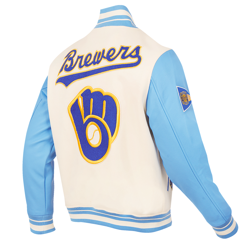 MLB MILWAUKEE BREWERS RETRO CLASSIC MEN'S RIB WOOL VARSITY JACKET (EGGSHELL/UNIVERSAL BLUE)