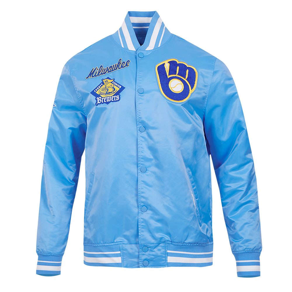 MLB MILWAUKEE BREWERS RETRO CLASSIC MEN'S RIB SATIN JACKET (UNIVERSITY BLUE)