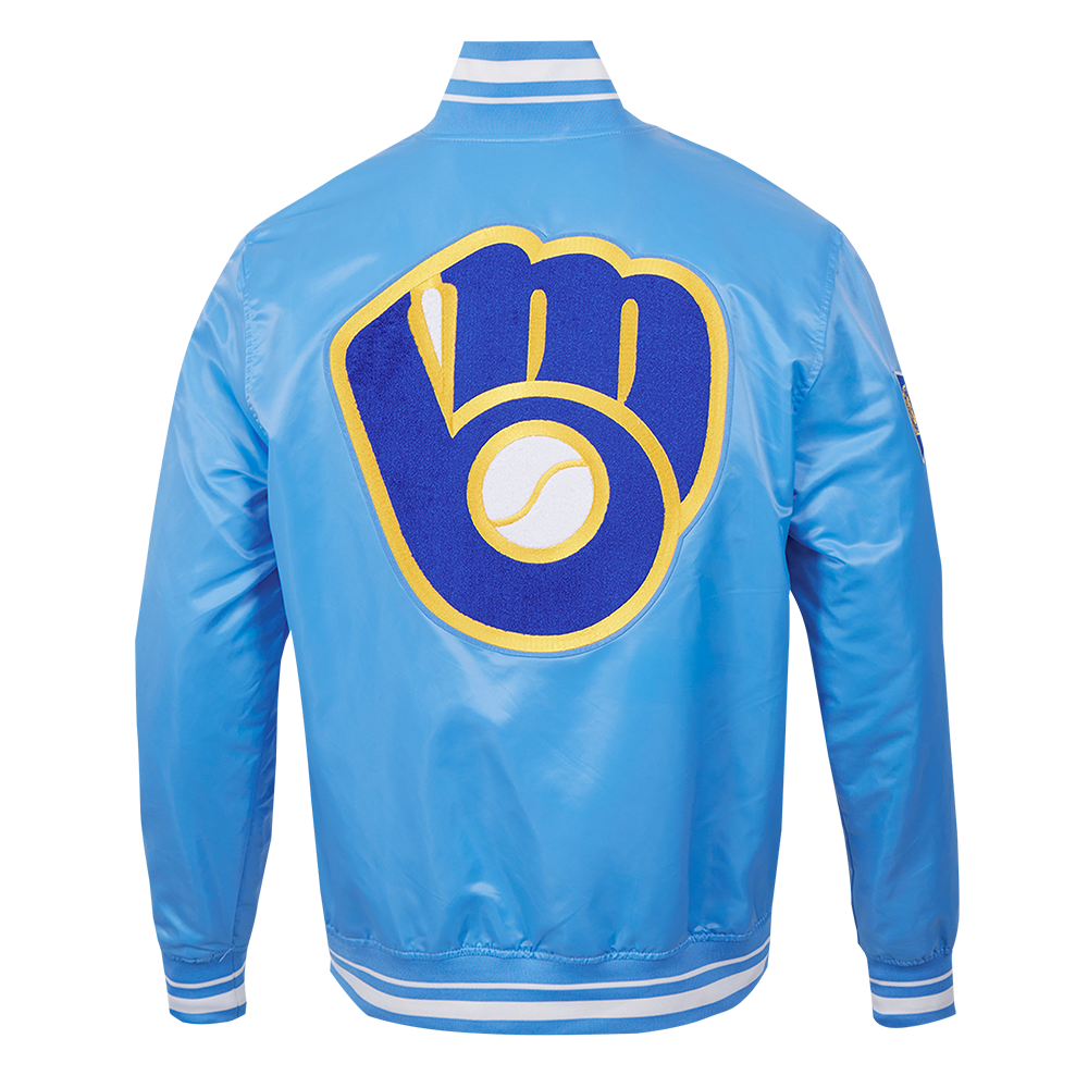 MLB MILWAUKEE BREWERS RETRO CLASSIC MEN'S RIB SATIN JACKET (UNIVERSITY BLUE)