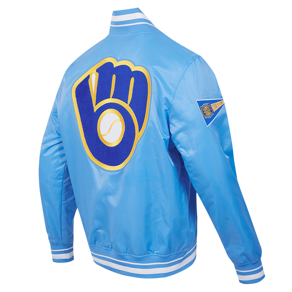 MLB MILWAUKEE BREWERS RETRO CLASSIC MEN'S RIB SATIN JACKET (UNIVERSITY BLUE)