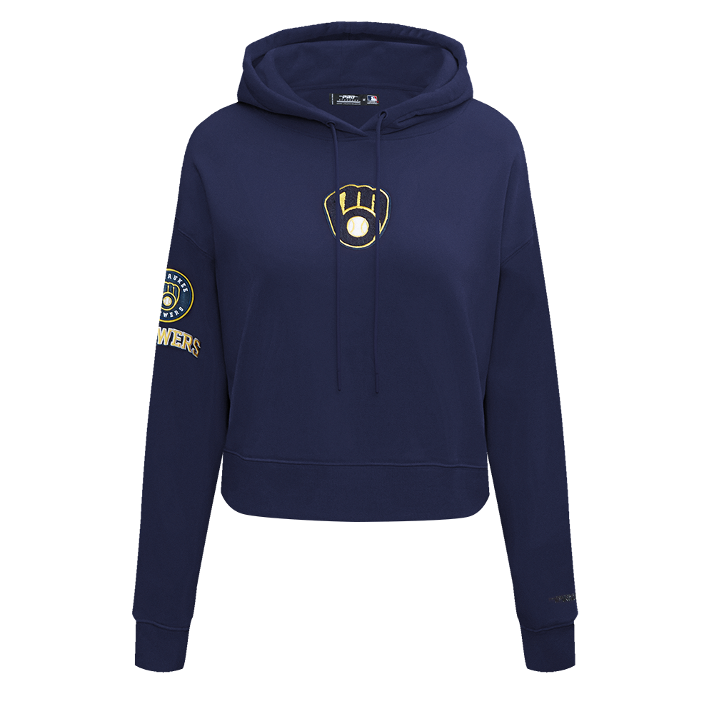 MLB MILWAUKEE BREWERS CLASSIC WOMEN'S CROPPED PULLOVER HOODIE (MIDNIGHT NAVY)